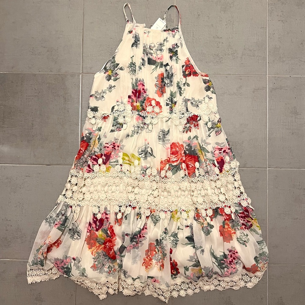 Anthropologie Ranna Gill | XS | Floral Swing Dress | Cream chiffon